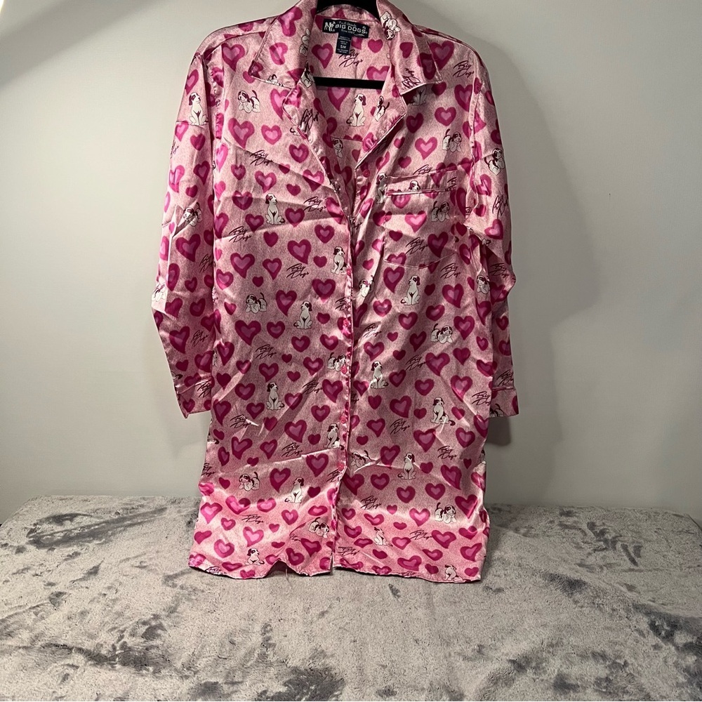 Vintage Big Dogs Nightgown Shirt Pink Satin with Heart Dog Print Size S/M